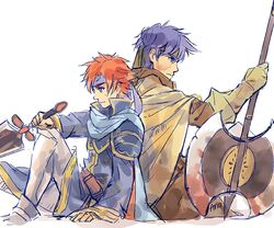  2boys anocurry armor axe blue_eyes blue_hair cape commentary_request cosplay durandal_(fire_emblem) eliwood_(fire_emblem) eliwood_(fire_emblem)_(cosplay) fingerless_gloves fire_emblem fire_emblem:_path_of_radiance fire_emblem:_the_blazing_blade fire_emblem_heroes gloves greil greil_(cosplay) headband ike_(fire_emblem) male_focus multiple_boys red_hair roy_(fire_emblem) simple_background sword weapon 