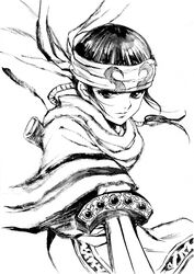  agahari commentary_request female greyscale headband highres kingdom_(series) kyoukai_(kingdom) long_hair monochrome ponytail scarf solo sword traditional_media weapon 