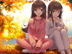  2girls autumn blue_eyes brown_hair dress headphones leaves lee_seok_ho long_hair original phone purple_eyes signed 