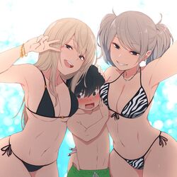  1boy 2girls :d age_difference animal_print arm_up armpits bikini black_bikini blush breasts brown_eyes commentary_request cowboy_shot day earrings embarrassed front-tie_bikini_top front-tie_top girl_sandwich grey_hair grin gyaru head_tilt jewelry kemuri_haku large_breasts light_brown_hair long_hair looking_at_viewer multiple_girls navel o-ring o-ring_bikini o-ring_top onee-shota open_mouth original outdoors print_bikini reaching reaching_towards_viewer sandwiched selfie side-tie_bikini_bottom smile straight sweatdrop swimsuit twintails v wavy_mouth 