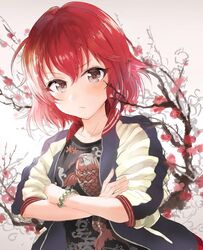  :t backlighting bad_id bad_twitter_id bangle blush bracelet branch brown_eyes cherry_blossoms collarbone crossed_arms female idolmaster idolmaster_cinderella_girls jacket jewelry koi letterman_jacket looking_at_viewer murakami_tomoe omisoshiru open_clothes open_jacket red_hair shirt short_hair solo t-shirt upper_body 