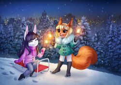  2017 anthro black_hair blonde_hair boots bottomwear city cityscape closed_eyes clothing coat dannyckoo detailed_background duo eurasian_red_squirrel female footwear gloves hair handwear lagomorph leporid mammal night open_mouth pants plant rabbit rodent scarf sciurid sitting sled smile snow standing topwear tree tree_squirrel tresertf winter 