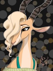  antelope anthro aralyre bovid clothed clothing disney female gazelle gazelle_(zootopia) mammal nanger simple_background smile solo true_antelope zootopia 