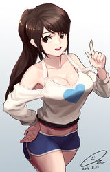  absurdres breasts brown_eyes brown_hair cleavage commentary_request cowboy_shot female gradient_background grey_background highres long_hair medium_breasts midriff open_mouth original oz_(gerbera7) photoshop_(medium) ponytail short_shorts shorts simple_background smile solo tank_top white_background 