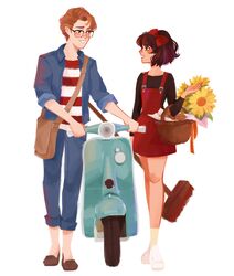  1boy artist_name bag basket black_eyes bow bread broom brown_hair commentary_request couple denim denim_jacket female flower food freckles full_body glasses hairbow highres holding jacket kiki_(majo_no_takkyuubin) light_brown_hair long_sleeves majo_no_takkyuubin messenger_bag motor_vehicle nail_polish open_clothes open_jacket overall_skirt pauline_(punziella) profile red_skirt scooter shirt short_hair shoulder_bag simple_background skirt sleeves_rolled_up smile standing straight striped studio_ghibli sunflower tombo_(majo_no_takkyuubin) vespa white_background 