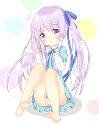  aqua_dress bare_legs barefoot blouse blue_ribbon blush commentary_request dress female flying_sweatdrops frilled_dress frilled_sleeves frills gotou_jun hair_ribbon head_tilt layered_sleeves long_hair long_sleeves looking_at_viewer miria_(mamamamave) multicolored_polka_dots neck_ribbon one_side_up panties pantyshot parted_lips polka_dot polka_dot_background purple_eyes purple_hair ribbon shirt short_over_long_sleeves short_sleeves sidelocks simple_background sitting sleeves_past_wrists soles solo tareme tenshi_no_3p! undershirt underwear very_long_hair white_panties white_shirt 