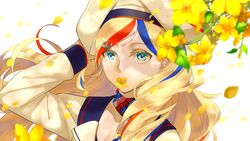  anchor_hair_ornament beret blonde_hair blue_eyes blue_hair closed_mouth collarbone commandant_teste_(kancolle) commentary_request female flower french_flag hair_between_eyes hair_ornament hat highres hisame_(gocbu) kantai_collection leaf long_hair long_sleeves looking_at_viewer multicolored_clothes multicolored_hair multicolored_scarf outdoors petals plaid plaid_scarf red_hair scarf simple_background solo streaked_hair swept_bangs wavy_hair white_hair 