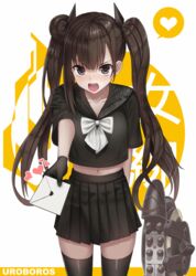  arm_behind_back bad_id bad_pixiv_id black_gloves black_serafuku black_skirt black_thighhighs blush bow bowtie brown_hair character_name cowboy_shot female girls&#039;_frontline giving gloves grey_eyes hair_bun hair_ornament heart heifetz holding incoming_letter letter long_hair looking_at_viewer love_letter midriff navel open_mouth ouroboros_(girls&#039;_frontline) outstretched_arm pleated_skirt sangvis_ferri school_uniform serafuku short_sleeves single_hair_bun skirt solo spoken_heart standing teeth thighhighs tsundere twintails v-shaped_eyebrows very_long_hair white_bow white_bowtie zettai_ryouiki 