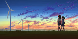  2girls backlighting backpack bad_id bad_pixiv_id bag black_hair black_legwear cloud dusk facing_away from_behind gradient_sky grass highres horizon kneehighs long_sleeves makuramori multiple_girls original outdoors plain pleated_skirt ponytail rural school_bag school_uniform short_hair skirt sky socks sunset sweater_vest walking wind_turbine 