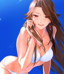  :d akiyoshi_haru bare_shoulders bent_over bikini blue_sky blush breasts brown_eyes brown_hair cleavage commentary day earrings eyes_visible_through_hair female granblue_fantasy holding holding_own_hair jewelry katalina_(granblue_fantasy) large_breasts leaning_forward long_hair looking_at_viewer nail_polish open_mouth outdoors sky smile solo swimsuit white_bikini 