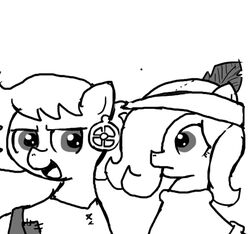  clothing duo ear_piercing earth_pony emerald_jewel_(colt_quest) equid equine fan_character feathers female feral ficficponyfic hasbro hat headgear headwear horse male mammal monochrome my_little_pony piercing pony ruby_rouge_(colt_quest) simple_background young young_feral 