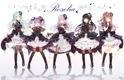  5girls :d ;) ;d aqua_flower aqua_hair aqua_rose ascot bang_dream! black_bow black_choker black_flower black_footwear black_hair black_legwear black_neckwear black_ribbon black_rose blue_flower blue_rose blunt_bangs blush boots bow bowtie brown_hair choker clenched_hand collared_dress commentary corsage corset cross-laced_footwear detached_sleeves dress finger_to_mouth flower frilled_dress frills full_body green_eyes grey_hair group_name hair_flower hair_ornament hair_ribbon half_updo hand_in_own_hair hand_on_own_chest hand_up highres hikawa_sayo imai_lisa knee_boots long_hair looking_at_viewer minato_yukina multiple_girls one_eye_closed open_mouth overskirt pantyhose purple_eyes purple_flower purple_hair purple_rose red_eyes red_flower red_rose reflection ribbon rose roselia_(bang_dream!) see-through see-through_sleeves shirokane_rinko short_sleeves skirt_hold smile standing striped taya_oco thighhighs twintails udagawa_ako vertical_stripes wrist_cuffs yellow_eyes 