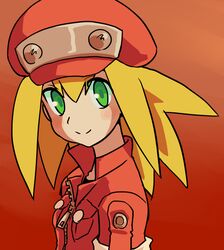  blonde_hair cabbie_hat commentary_request female green_eyes hat jacket long_hair looking_at_viewer mega_man_(series) mega_man_legends_(series) mega_man_legends_3 muu_(mumumer) red_jacket roll_caskett_(mega_man) smile solo 