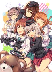  5girls :d ^_^ bear black_hat black_jacket black_pantyhose black_skirt blouse blue_eyes blunt_bangs blush boko_(girls_und_panzer) brown_eyes brown_hair casual circle closed_eyes closed_mouth commentary_request dress_shirt food fruit garrison_cap girls_und_panzer green_skirt grey_hair hand_on_another&#039;s_shoulder hand_on_headwear hat highres holding holding_food holding_fruit holding_stuffed_toy hug hug_from_behind itsumi_erika jacket kiddie_ride kuromorimine_military_uniform layered_skirt light_brown_hair light_frown light_smile long_hair long_sleeves looking_at_viewer medium_skirt military military_hat military_uniform miniskirt multiple_girls neckerchief nishizumi_maho nishizumi_miho one_side_up ooarai_school_uniform open_mouth orange_eyes orange_hair pantyhose pleated_skirt pose red_shirt red_skirt riding school_uniform serafuku shimada_arisu shirt short_hair siblings sisters sitting skirt smile socks standing star_(symbol) striped_clothes striped_pantyhose stuffed_animal stuffed_toy takebe_saori takitarou teddy_bear triangle uniform v white_shirt 