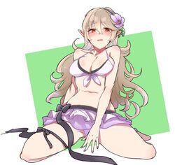  bikini black_ribbon blush breasts cleavage commentary_request corrin_(female)_(fire_emblem) corrin_(female)_(summer)_(fire_emblem) corrin_(fire_emblem) female fire_emblem fire_emblem_fates fire_emblem_heroes flower hair_flower hair_ornament hairband long_hair nekolook official_alternate_costume open_mouth pointy_ears red_eyes ribbon simple_background solo swimsuit white_hair 