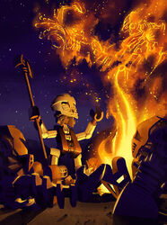  2014 ambiguous_gender armor bionicle biped brown_body campfire deadmanswrench detailed_background digital_drawing_(artwork) digital_media_(artwork) fire full-length_portrait group holding_object humanoid lego machine mask matoran night not_furry nui-jaga onewa outside pohatu portrait rahi robot scenery simple_background sitting sky skyline standing star text toa turaga yellow_eyes 