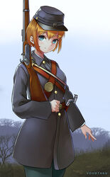  absurdres american_civil_war antique_firearm bayonet blonde_hair blue_eyes caplock commentary female firelock gun hat highres military military_hat military_uniform musket original short_hair solo uniform weapon youotaku 