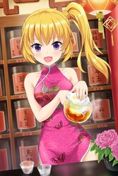  alternative_girls animal_print artist_request bare_shoulders blonde_hair blush breasts butterfly_print china_dress chinese_clothes collarbone commentary_request cup dress drinking_glass female floral_print flower flower_pot highres holding holding_teapot indoors lantern long_hair looking_at_viewer medium_breasts mizushima_airi official_art open_mouth paper_lantern pink_dress pink_flower plant potted_plant purple_eyes shot_glass side_ponytail sleeveless sleeveless_dress smile standing tea teapot 