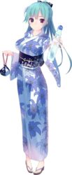  akesaka_iku alternate_costume aqua_hair bottle breasts female full_body hair_ribbon holding holding_bottle japanese_clothes kimono large_breasts looking_at_viewer nagoya_(oshiro_project) official_art oshiro_project:re ponytail purple_eyes ramune ribbon smile transparent_background yukata 