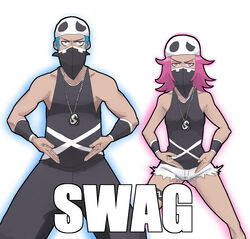  1boy bandana bandana_over_mouth commentary_request english_text female highres pokemon pokemon_sm pose reze_(rewindze) swag team_skull team_skull_grunt text_focus 