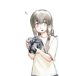  ! :o bad_id bad_twitter_id black_hair braid camera digital_camera female hair_between_eyes hair_ribbon holding holding_camera isonami_(autumn_mode)_(kancolle) isonami_(kancolle) kantai_collection nogiguchi_kohiro official_alternate_costume open_mouth ribbon shirt sidelocks simple_background solo t-shirt upper_body white_background yellow_eyes yellow_shirt 