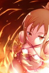  asuna_(sao) bad_id bad_pixiv_id breasts brown_eyes brown_hair casual_one-piece_swimsuit collarbone covered_navel dot_nose female highres long_hair medium_breasts navel one-piece_swimsuit partially_submerged shiny_skin simple_background sitting slit_pupils solo stomach swimsuit sword_art_online thighs very_long_hair water white_one-piece_swimsuit yoru_kiri 