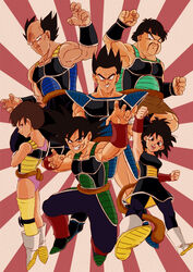  2girls 4boys bald bardock black_eyes black_hair boots brown_eyes brown_hair clenched_hands commentary_request crossed_arms dragon_ball dragon_ball_minus dragon_ball_z earrings facial_hair fighting_stance floating gine grin highres jewelry leotard messy_hair monkey_tail moustache multiple_boys multiple_girls muscular open_mouth panbukin_(dragon_ball) photoshop_(medium) scar scar_on_cheek scar_on_face seripa short_hair skirt smile tail toma_(dragon_ball) tondamanuke toteppo white_footwear wristband 