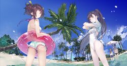  2boys 2girls ass beach bikini black_hair breasts commentary_request day glasses ikoma_(kabaneri) koutetsujou_no_kabaneri kurusu_(kabaneri) long_hair looking_at_viewer male_swimwear medium_breasts multiple_boys multiple_girls mumei_(kabaneri) ocean one-piece_swimsuit outdoors ponytail purple_eyes short_hair swim_briefs swim_trunks swimsuit tree twintails umbrella undressing white_hair yomogawa_ayame yuugen 