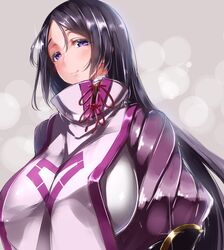  arm_guards bad_id bad_twitter_id black_hair blush bodysuit breasts commentary_request fate/grand_order fate_(series) female half-closed_eyes high_collar huge_breasts long_hair looking_at_viewer midoriiro_no_shinzou minamoto_no_raikou_(fate) parted_bangs purple_eyes red_ribbon ribbed_sleeves ribbon shiny_clothes smile solo turtleneck upper_body very_long_hair 