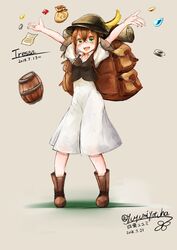  bag brown_hair commentary_request crossed_bangs dress female full_body green_eyes hat highres jewelry looking_at_viewer octopath_traveler octopath_traveler_i open_mouth short_hair simple_background smile solo tressa_colzione yuyumi_(yuurei) 