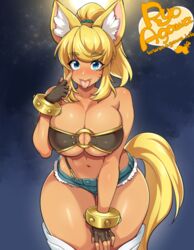  2016 animal_humanoid big_breasts blonde_hair blue_eyes blush bottomwear bracelet breasts canid canid_humanoid canine canine_humanoid cleavage clothed clothing female fox fox_humanoid fur gloves hair handwear humanoid jewelry long_hair looking_at_viewer mammal mammal_humanoid navel ryo_agawa shorts smile solo teeth thick_thighs tongue tongue_out under_boob white_body white_fur wide_hips yellow_body yellow_fur 