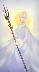  bad_deviantart_id bad_id blonde_hair dress female final_fantasy final_fantasy_xv highres looking_to_the_side lunafreya_nox_fleuret polearm robasarel solo sun trident weapon white_dress 