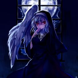  alternate_costume angel_wings bad_id bad_twitter_id black_dress breasts cloud cloudy_sky cowboy_shot dress feathered_wings female full_moon grey_hair habit hair_between_eyes hand_up holding inactive_account indoors jewelry kishin_sagume large_breasts long_sleeves looking_at_viewer moon necklace night night_sky nun red_eyes shan short_hair single_wing sky solo touhou white_wings wide_sleeves window wings 