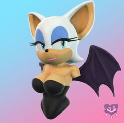  2019 3d_(artwork) 3d_bust anthro bat big_breasts big_ears black_nose blue_background blue_eyes blue_eyeshadow breasts chromakoros cleavage clothed clothing digital_media_(artwork) eyelashes eyeshadow female fur gradient_background hair half-closed_eyes half-length_portrait hi_res lips looking_aside looking_at_viewer makeup mammal membrane_(anatomy) membranous_wings narrowed_eyes pink_background pink_lips portrait rouge_the_bat sega short_hair simple_background smile solo sonic_the_hedgehog_(series) spread_wings white_body white_fur white_hair wings 