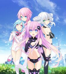  4girls :d :o absurdres back bare_shoulders black_gloves black_sister blue_eyes blue_hair blush boots breasts building bustier choujigen_game_neptune_mk2 cleavage cleavage_cutout clothing_cutout cloud day drill_hair elbow_gloves emblem flower gloves gradient_hair grass green_eyes hair_ornament hand_on_own_chest highres leotard light_particles long_hair looking_at_viewer looking_back medium_breasts midriff multicolored_hair multiple_girls navel nepgear neptune_(series) official_art open_mouth outdoors own_hands_together pink_eyes pink_hair power_symbol power_symbol-shaped_pupils purple_hair purple_sister revealing_clothes smile standing symbol-shaped_pupils thigh_gap thighhighs tsunako twin_drills white_gloves white_hair white_sister_ram white_sister_rom 