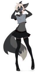  2018 4_toes 5_fingers absurd_res anthro avery_(itsmythos) belt biped black_nose blonde_hair blue_eyes bottomwear canid canine canis clothed clothing collarbone crop_top crossdressing digital_media_(artwork) dipstick_tail domestic_dog feet femboy fingers fox front_view full-length_portrait fur grey_body grey_fur hair hi_res legwear long_legs looking_aside male mammal markings midriff miniskirt multicolored_tail navel no_underwear off_shoulder portrait pose shirt short_hair simple_background skirt smile solo squish standing suelix tail tail_markings teal_eyes thigh_highs toeless_legwear toes topwear white_background wide_hips 