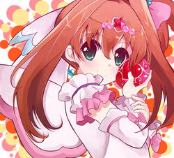  bow brown_hair commentary_request dress female green_eyes hair_ornament hidejiu jewelpet_(series) jewelpet_twinkle jewelry magical_girl pink_bow pink_dress sakura_akari 