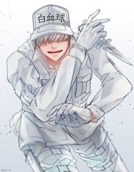  1boy bad_id bad_twitter_id bou_(maimoca501) gloves grin hair_over_eyes hat hataraku_saibou knife male_focus neutrophil smile solo u-2626 uniform white_blood_cell_(hataraku_saibou) white_hair 