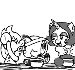  bowl closed_eyes clothing container cutlery ear_piercing earth_pony eating emerald_jewel_(colt_quest) equid equine fan_character feathers female feral ficficponyfic food group hasbro hat headgear headwear holding_object holding_spoon horn horse joyride_(colt_quest) kitchen_utensils male mammal monochrome my_little_pony mythological_creature mythological_equine mythology piercing pony ribbons ruby_rouge_(colt_quest) simple_background spoon tools unicorn young young_feral 