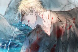  1boy bad_id bad_twitter_id blonde_hair blood bou_(maimoca501) breast_pocket hataraku_saibou killer_t_(hataraku_saibou) male_focus pocket rock solo uniform unworn_headwear water white_blood_cell_(hataraku_saibou) 