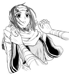  commentary_request female greyscale headband holding_hands interlocked_fingers kingdom_(series) kyoukai_(kingdom) long_hair monochrome naba_(tth0005) out_of_frame ponytail scarf solo_focus 