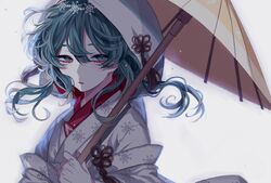  bakku_(fspz4427) blue_eyes blue_hair close-up commentary curly_hair expressionless female floating_hair grey_background hair_between_eyes hair_ornament half-closed_eyes hatsune_miku highres holding holding_umbrella japanese_clothes kimono looking_away oil-paper_umbrella shaded_face simple_background snowflake_hair_ornament snowflake_print snowflakes solo umbrella upper_body vocaloid wataboushi yuki_miku yuki_miku_(2013) 