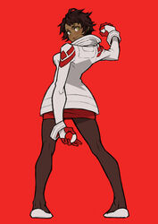  arms_behind_back candela_(pokemon) coat commentary_request female from_behind full_body gloves highres holding holding_poke_ball looking_at_viewer looking_back nanashi_(otaku_rock_n_roll) pantyhose poke_ball poke_ball_(basic) pokemon pokemon_go red_background short_hair simple_background smile solo standing yellow_eyes 