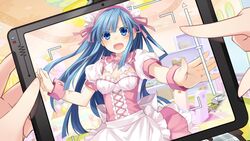  absurdres blue_hair blush female game_cg hair_ornament highres long_hair looking_at_viewer mages. mole mole_under_eye neptune_(series) official_art open_mouth solo_focus tablet_pc tsunako 