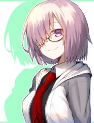  black-framed_eyewear black_shirt commentary_request fate/grand_order fate_(series) female glasses hair_over_one_eye highres hood hooded_sweater mash_kyrielight necktie purple_eyes purple_hair red_necktie shiime shirt short_hair smile solo standing sweater unzipped upper_body white_sweater 