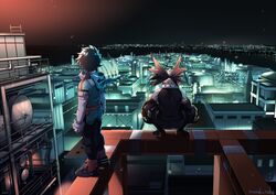  2boys animal_hood bakugou_katsuki bare_shoulders belt black_footwear blonde_hair boku_no_hero_academia boots city commentary_request from_behind gloves green_hair holster hood jumpsuit knee_pads male_focus maneki-neko_(fujifuji) mask midoriya_izuku multiple_boys night outdoors pouch refinery scenery squatting standing thigh_holster thigh_strap utility_belt water white_gloves 