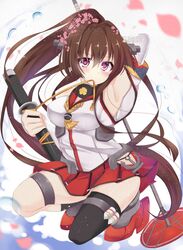  armpits ashino black_thighhighs blush breasts brown_hair cherry_blossoms commentary_request female gorget hair_intakes high_ponytail hip_vent kantai_collection long_hair looking_at_viewer mouth_hold purple_eyes sakuramon single_thighhigh solo thighhighs very_long_hair yamato_(kancolle) 