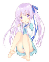  aqua_dress bare_legs barefoot blouse blue_ribbon blush commentary_request dress female frilled_dress frilled_sleeves frills gotou_jun hair_ribbon head_tilt layered_sleeves long_hair long_sleeves looking_at_viewer miria_(mamamamave) neck_ribbon one_side_up panties pantyshot parted_lips purple_eyes purple_hair ribbon shirt short_over_long_sleeves short_sleeves sidelocks simple_background sitting sleeves_past_wrists soles solo tareme tenshi_no_3p! undershirt underwear very_long_hair white_background white_panties white_shirt 