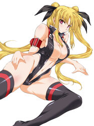  alternate_costume arm_belt bare_shoulders black_leotard black_thighhighs blonde_hair breasts center_opening cleavage commentary_request fate_testarossa fate_testarossa_(true_sonic_form) female hand_on_own_hip highleg highleg_leotard large_breasts leotard long_hair looking_at_viewer lying lyrical_nanoha magical_girl mahou_shoujo_lyrical_nanoha_strikers navel no_bra on_side open_clothes parted_lips photoshop_(medium) red_eyes ribbon simple_background skindentation solo thighhighs twintails unzipped very_long_hair white_background yatsushima_tetsuya 