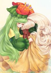  2girls closed_eyes closed_eyes crown dark_skin doredia erufuun flower gijinka green_hair happy hat horns hug hugging lilligant long_hair moemon multiple_girls open_mouth personification pokemon pokemon_(game) pokemon_black_and_white pokemon_bw simple_background smile very_long_hair whimsicott white_hair 